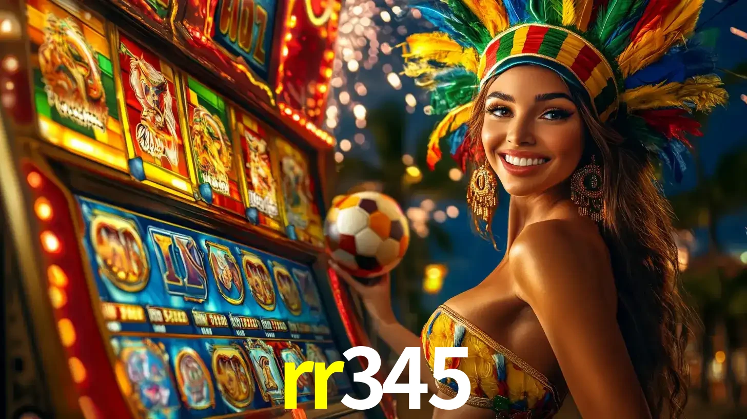 Mulher com um cocar de carnaval ao lado de uma máquina de caça-níqueis enquanto segura uma bola de futebol, mostrando a união da diversão de cassino e esportes no rr345.