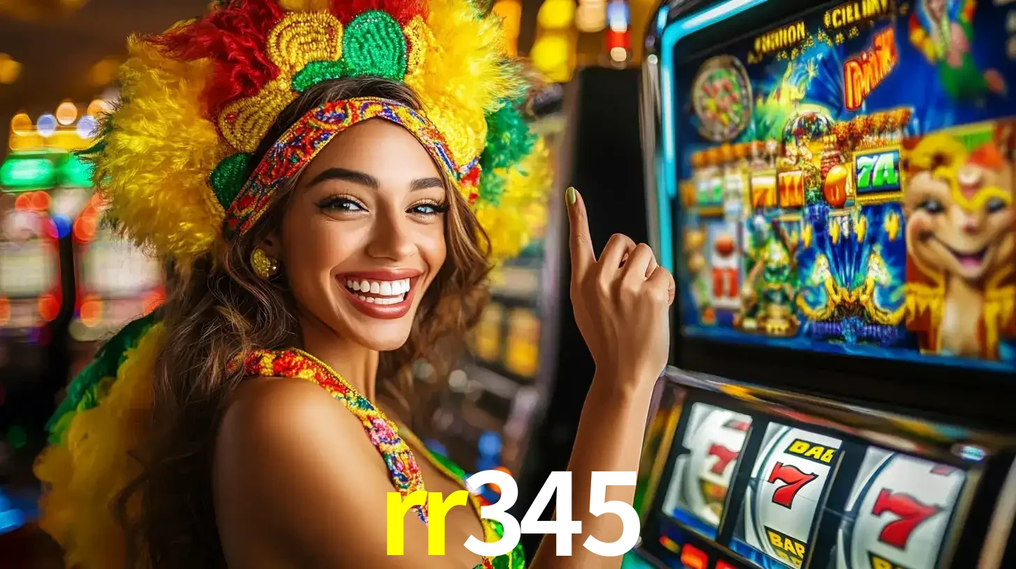 Mulher animada com um cocar de carnaval apontando para uma máquina de caça-níqueis, mostrando a emoção de ganhar um grande prêmio nos jogos do rr345.