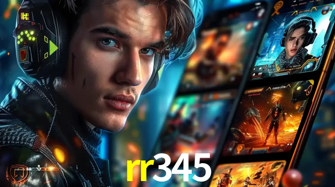 Jovem jogador com fones de ouvido olhando para a câmera, com um aplicativo de jogos e e-sports para celular ao fundo, pronto para a competição e apostas no rr345.