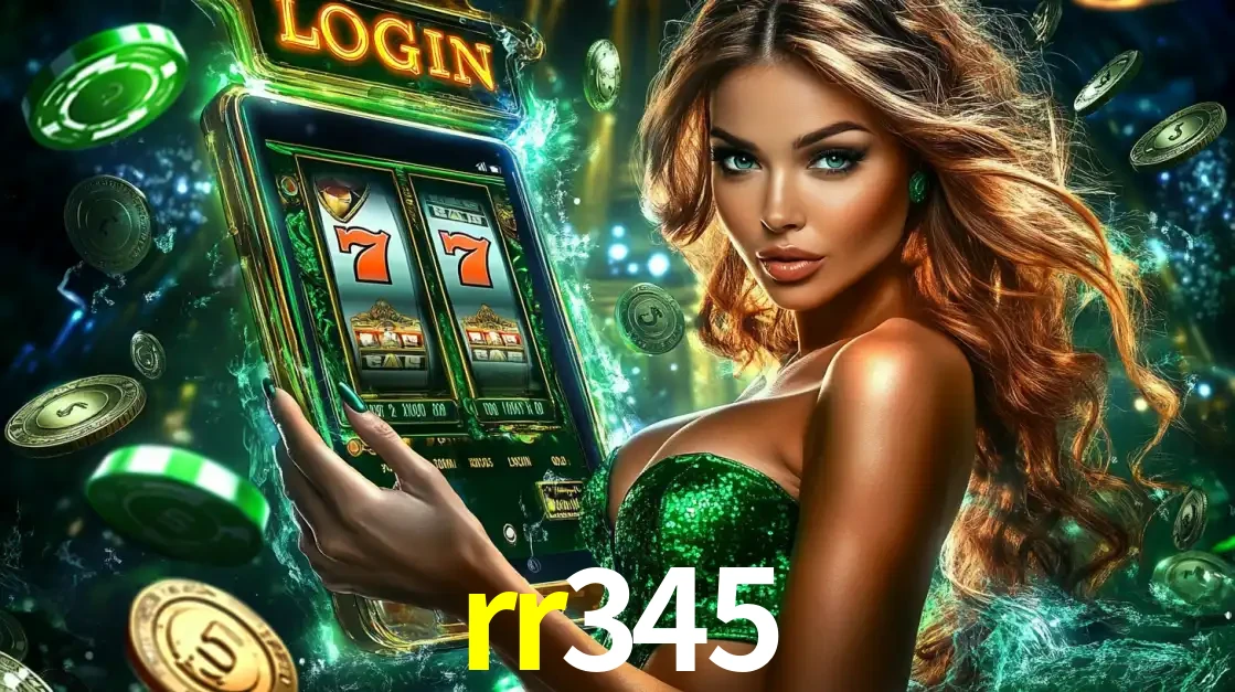 Mulher com tema verde apresentando o aplicativo do cassino rr345 com um jogo de slot de 777, cercada por fichas de cassino e uma aura de sorte.