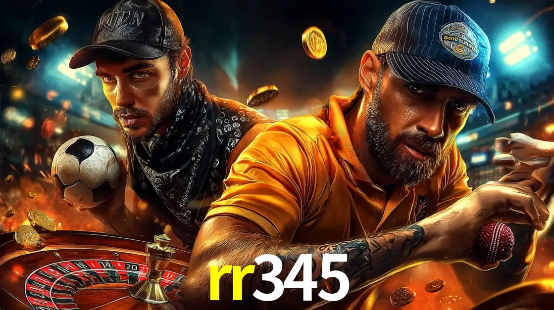 Montagem de apostas esportivas e cassino no rr345, com um homem segurando uma bola de futebol e outro uma de beisebol sobre uma roleta e moedas voadoras.