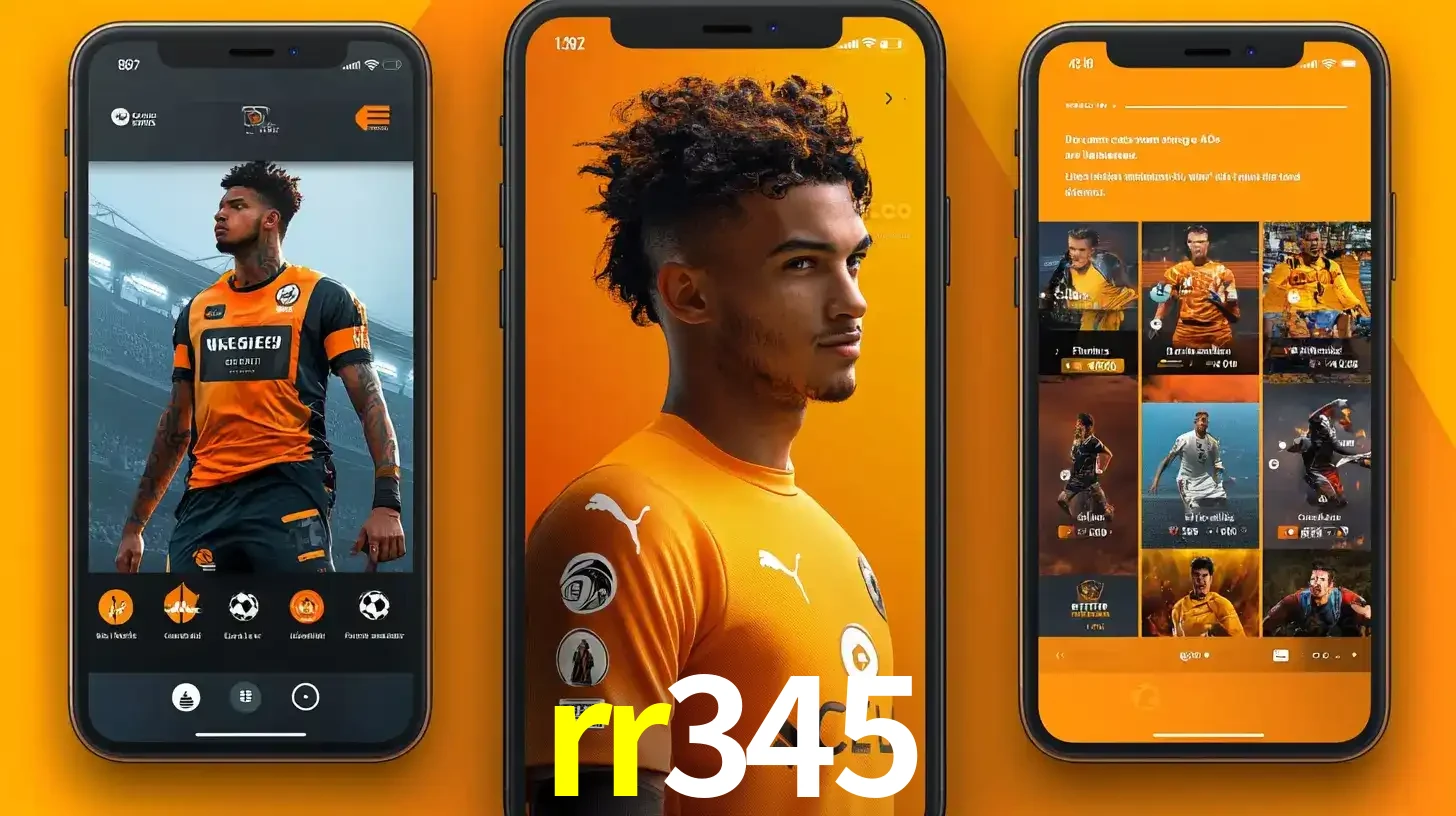 Interface do aplicativo de apostas esportivas rr345 em três telas de celular, mostrando o perfil de um jogador de futebol e a lista de jogos disponíveis para apostar.