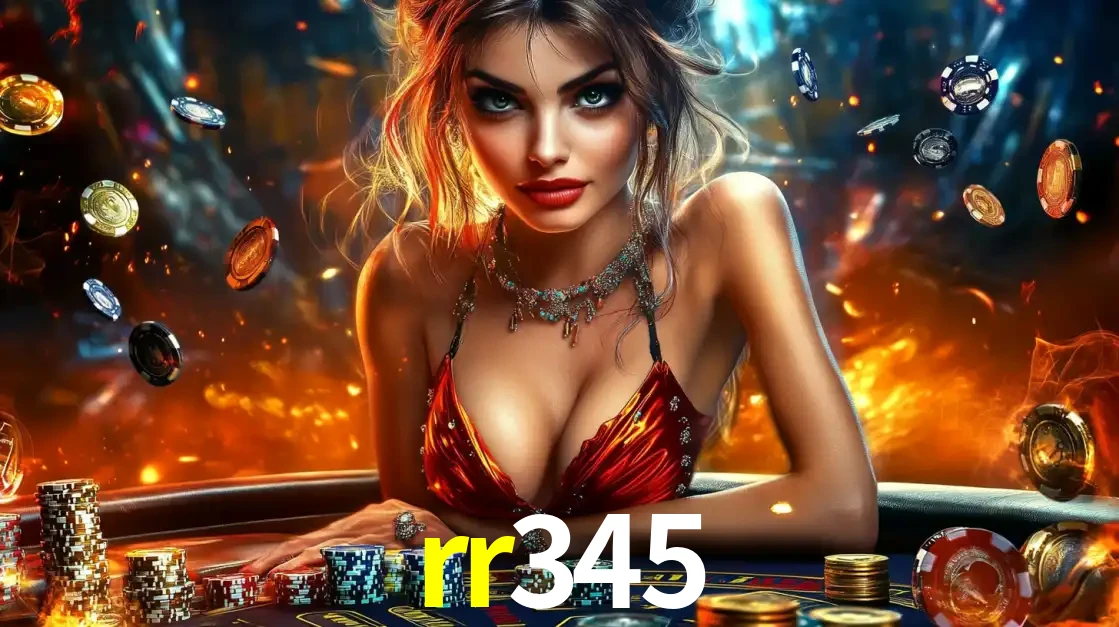 Mulher em uma mesa de cassino com pilhas de fichas e um fundo de fogo, pronta para uma rodada de altas apostas nos jogos de mesa emocionantes do cassino rr345.