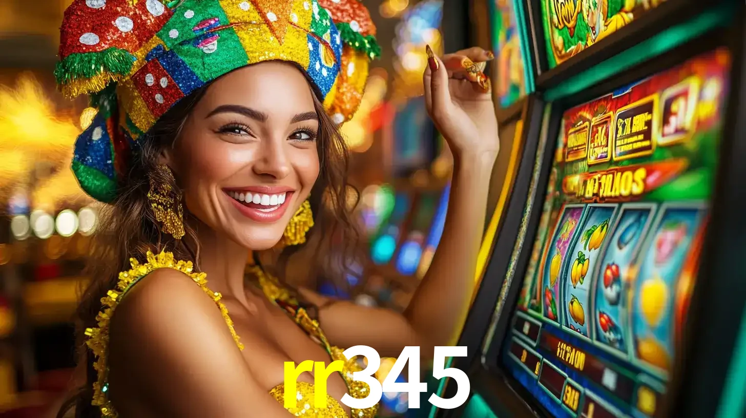 Mulher feliz com traje de carnaval amarelo e colorido ao lado de uma máquina de caça-níqueis, aproveitando a diversão e os jogos temáticos do cassino rr345.