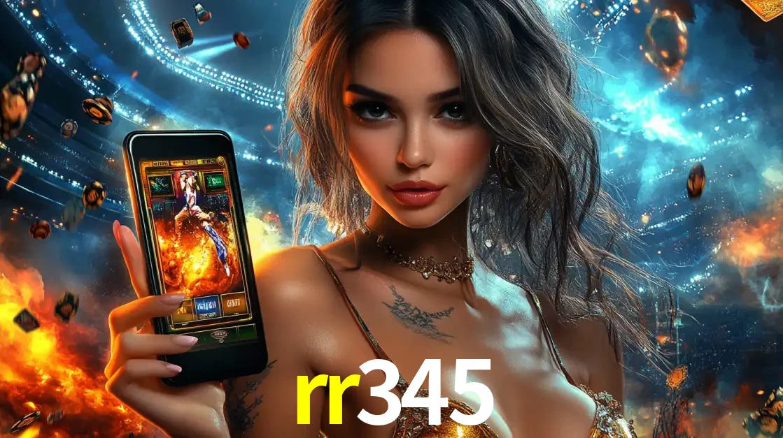 Mulher segurando um celular com um jogo de slot em destaque, tendo como fundo um estádio vibrante, simbolizando a emoção de jogar no cassino móvel rr345.
